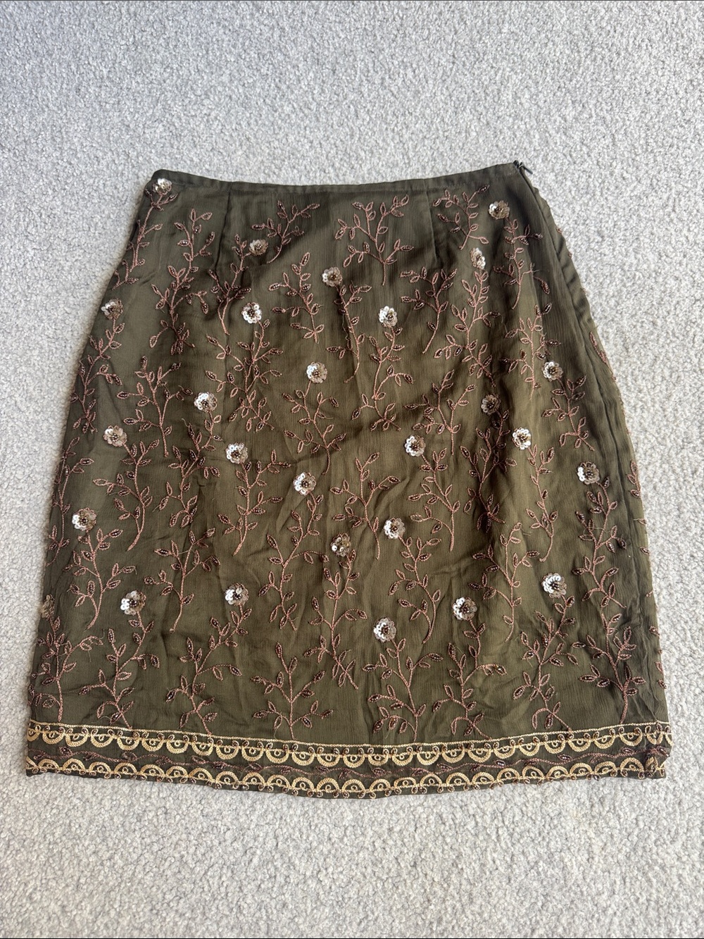 Express embroidered and beaded olive silk skirt